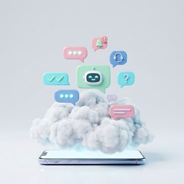 Smartphone with AI chatbot interface and cloud computing communication icons 3D render