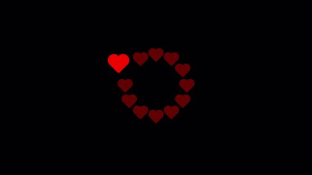 12 Red Hearts Clock Dial Radial Hour Chime Animation 6 Seconds Loop on Alpha Channel 4K