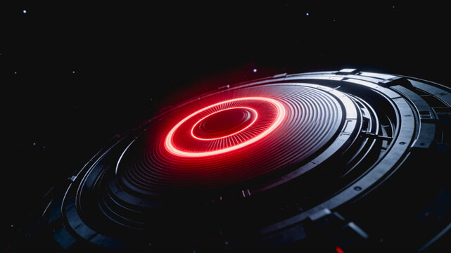 A futuristic circular mechanical device with glowing red rings, set against a dark starry space background.