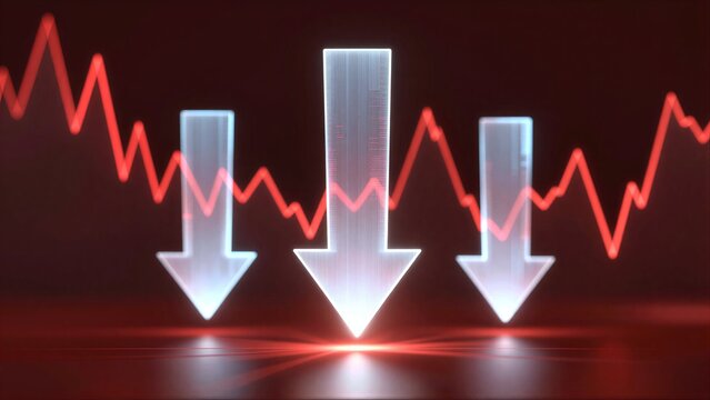 Red arrows and graph lines indicate a sharp decline in market performance.