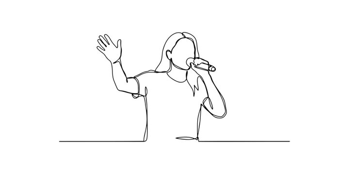 Continuous one line drawing of a woman singing into a microphone with her hand raised