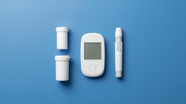 Diabetes testing kit with glucose monitor on blue background.