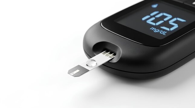 Digital blood glucose meter showing reading on white background.