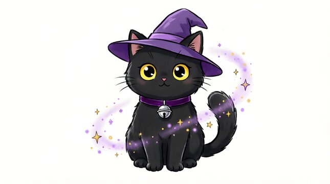 Black cat witch familiar wearing purple hat with magical sparkles Halloween kawaii illustration