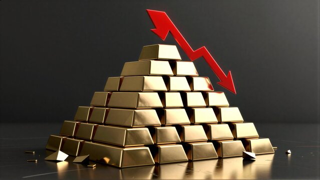 Golden bars pile up as red arrow signals sharp decline in value, symbolizing financial loss.