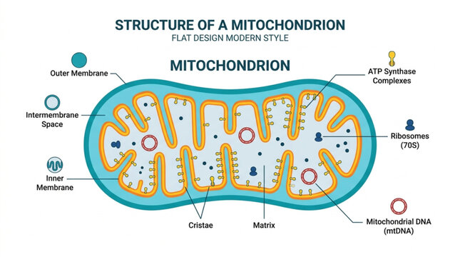 Detailed scientific illustration of a mitochondrion cell organelle structure with labeled parts and functions in flat