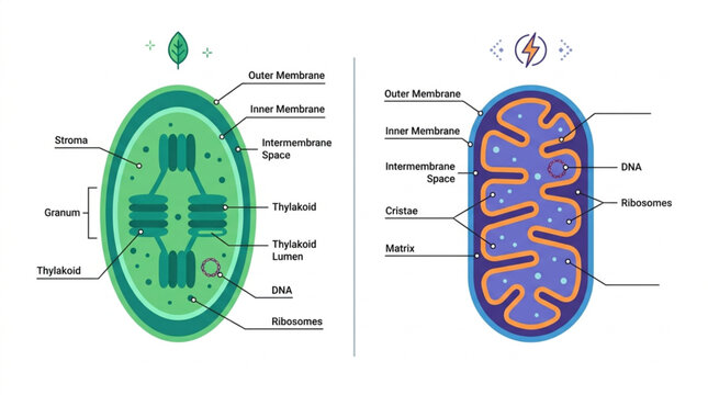 Diagram comparing chloroplast and mitochondrion cellular organelles showing internal structures and membranes