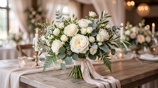 wedding table centerpiece floral arrangement white roses eucalyptus