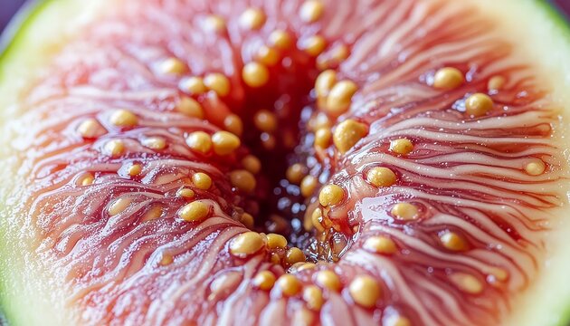 Close-up of fresh fig fruit with seeds and juicy texture