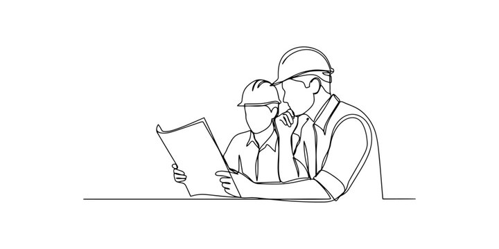 Continuous line drawing of two construction engineers wearing hard hats looking at a building blueprint