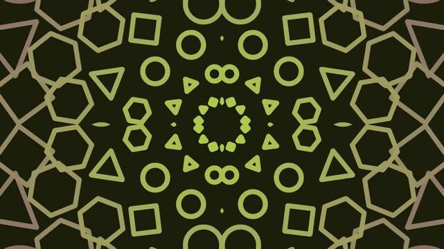 Geometric kaleidoscope pattern with green shapes on dark background