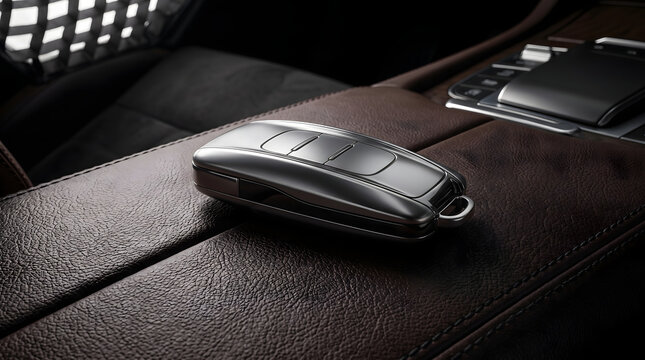 luxury car key fob on leather center console interior detail