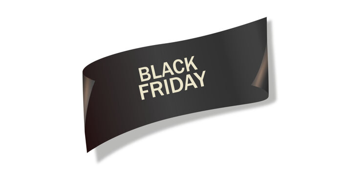 Black Friday Black Curled Sticker with White Text Isolated on White Background.