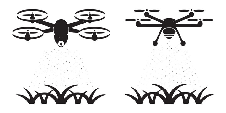 Agricultural drone spraying fertilizer over grass field black vector silhouette for smart farming.