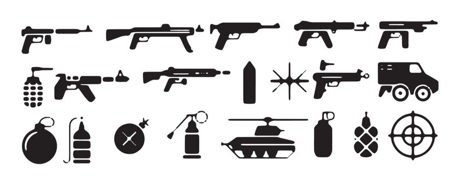 Black military weapons and explosive devices icon set for army and defense industries.