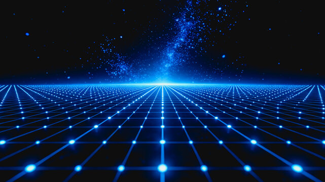 A futuristic digital grid with glowing blue points extends to a bright horizon, paired with scattered particles in dark cosmic space, representing advanced tech and virtual concepts.