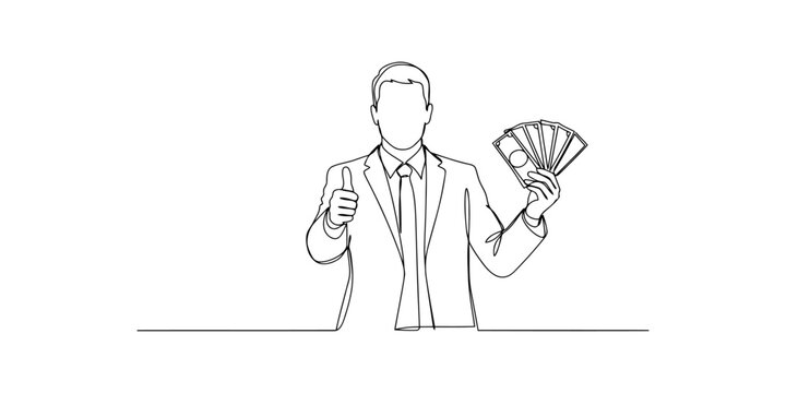 Businessman in a suit holding cash money and showing a thumb up gesture as a continuous line drawing