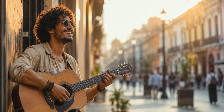 Smiling Street Musician Playing Acoustic Guitar in a Vibrant Historic European City