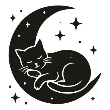 A black and white linocut style illustration of a cute cat sleeping curled up inside a large crescent moon, surrounded by twinkling stars on a solid white background art design.
