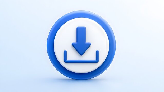 Blue 3D Download Icon Button with Downward Arrow for Software Application and Digital Data Transfer