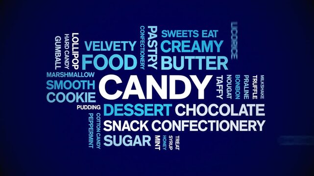 Candy animated word cloud-animation tag kinetic typography seamless loop.