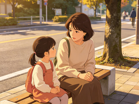 The mother sat on a bench by the roadside with her daughter, talking.