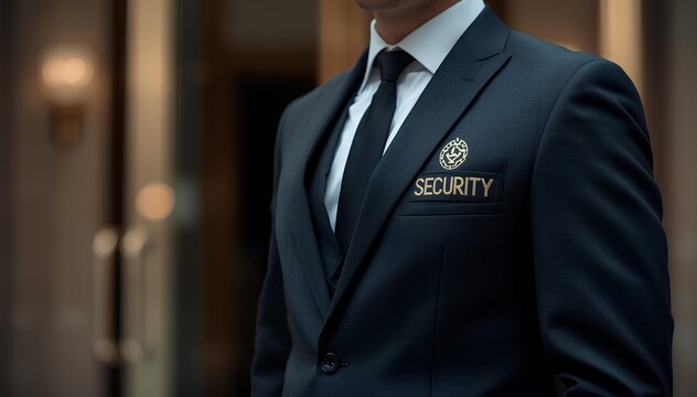Professional security guard in black suit standing at the entrance of a building