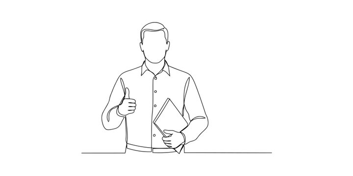 Continuous single line drawing of a businessman holding a folder and giving a thumbs up gesture