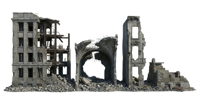 Edificio en ruinas con estructura de hormig&oacute;n destruida y escombros, aislado sobre fondo blanco, representando un escenario de guerra, desastre natural o abandono urbano con detalles arquitect&oacute;nicos.
