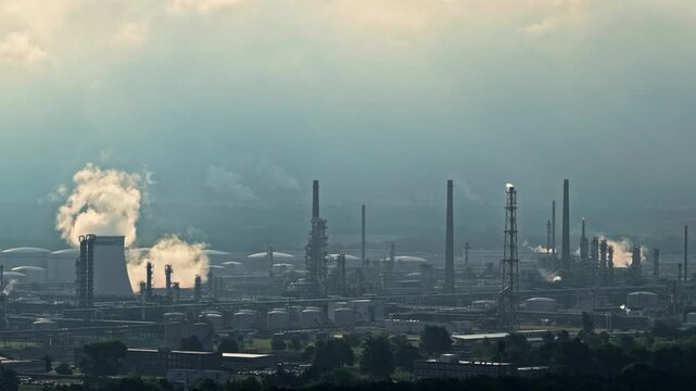 Aerial view of PCK Raffinerie GmbH with industrial chimneys and storage tanks emitting smoke in SchwedtOder, Brandenburg, Germany.