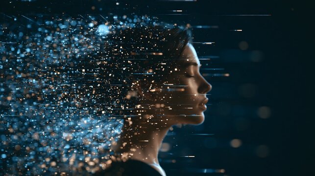 Profile of a woman dissolving into glowing digital pixels and light streaks symbolizing digital identity and advanced artificial intelligence