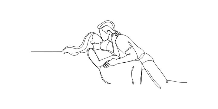Continuous single line drawing of a loving couple kissing and embracing each other