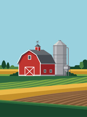 Red barn house and tall grain silo tower in an agricultural farm field landscape with green crop fields under a clear sky, flat vector illustration design background layout concept. © AbdulRehman