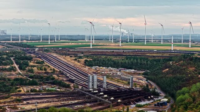 Aerial view of Garzweiler surface mine featuring large-scale mining infrastructure, conveyor belts, and surrounding wind turbines in the landscape in Juchen, North Rhine-Westphalia, Germany.