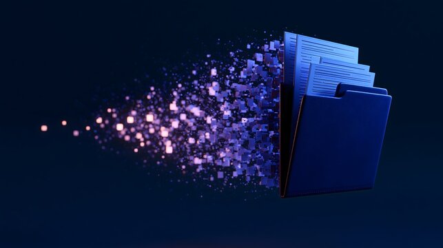 Digital folder with documents transforming into glowing data particles representing file digitization, data migration and paperless office transformation