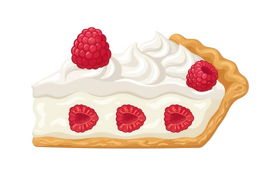 Una porci&oacute;n de tarta de frambuesa con crema batida sobre un fondo blanco, ilustraci&oacute;n vectorial detallada que muestra una rebanada de pastel con frutas frescas y textura cremosa de reposter&iacute;a.