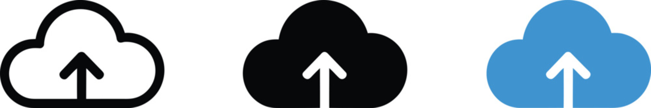 Cloud upload icon set with outline, filled, and blue color variations for data transfer