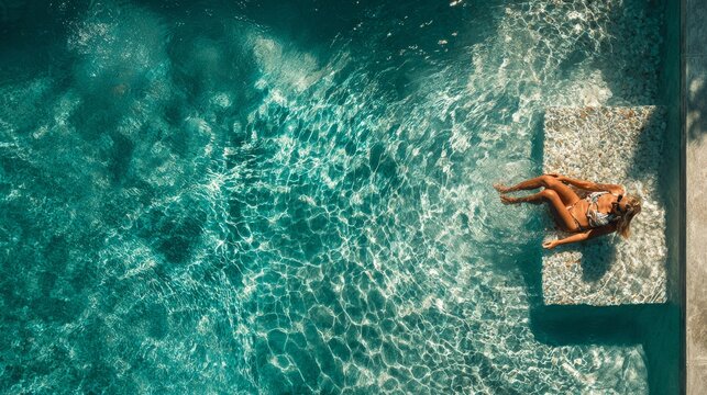 Elegant overhead shot of a sunlit pool, with a woman in a stylish swimsuit sitting near the edge, watching her partner swim beneath the surface.