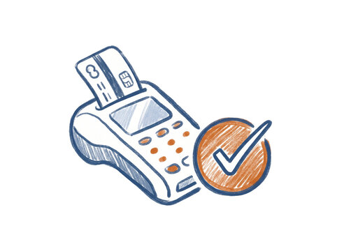 Vector illustration of a POS terminal with credit card insertion and a checkmark symbol representing successful payment