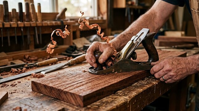 Carpenter using a hand plane to smooth a mahogany plank in a woodworking workshop
