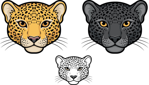 Jaguar head vector illustration set featuring gold black panther and monochrome leopard face icons isolated on white background