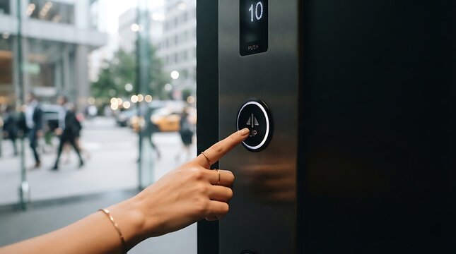 Close-up of a hand pressing a glowing elevator button in a lobby with blurred city street background