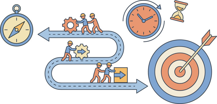 Flat design vector illustration of a business strategy implementation process with people, gears, compass, clock, hourglass, and target.