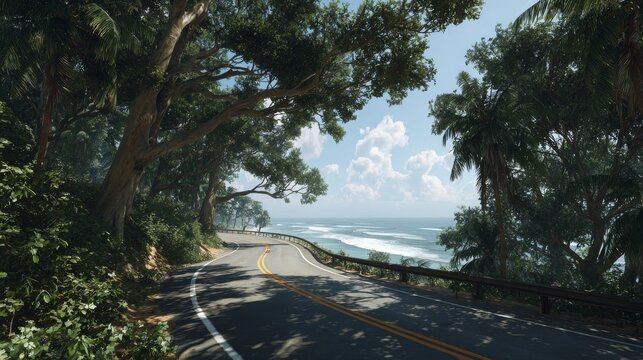 Serene beachfront roadway curving through a tropical paradise, where the ocean breeze rustles through the trees beneath a cloud-dotted sky.