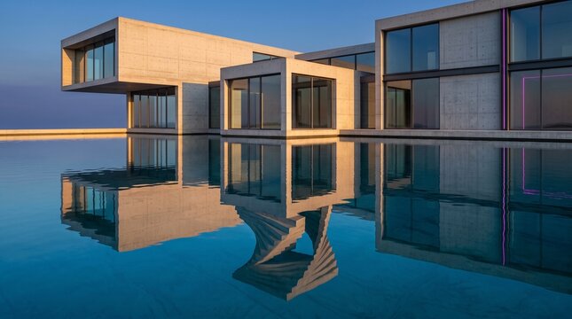 Modern concrete building by water with a surreal, twisted reflection