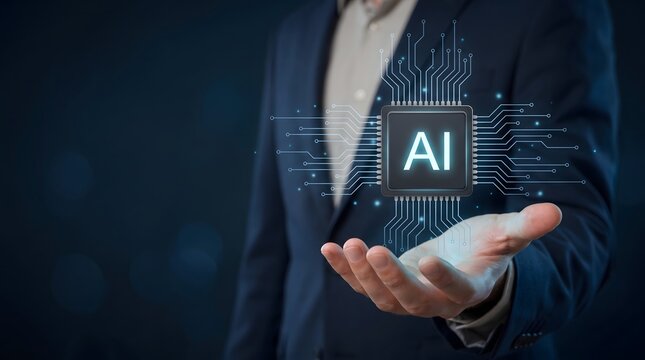 Enterprise artificial intelligence integration concept with businessman presenting microchip for smart digital business solutions.