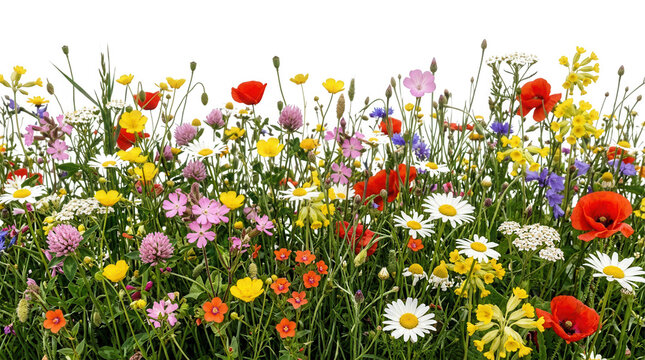 Un vibrante prado de flores silvestres multicolores que incluye amapolas rojas, margaritas blancas y diversas plantas de campo sobre un fondo blanco aislado, ideal para dise&ntilde;os de primavera y verano.
