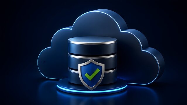 Secure cloud computing 3D illustration featuring a digital cloud, server database, and a verified shield, representing safe online storage and data protection.