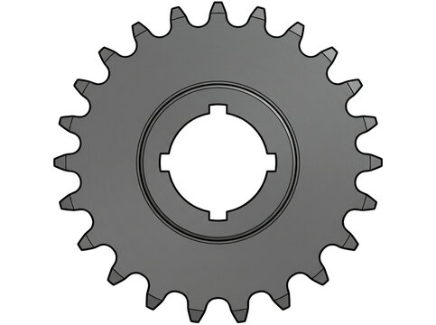 Engranaje de acero gris con dientes definidos y orificio central con chavetero, dise&ntilde;ado para sistemas de transmisi&oacute;n mec&aacute;nica, aislado sobre fondo blanco, vista frontal t&eacute;cnica de alta precisi&oacute;n.