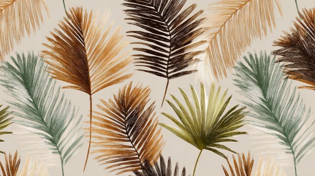 A modern tropical design with hand-drawn palm fronds, arranged in a repeating seamless pattern with natural earthy tones.